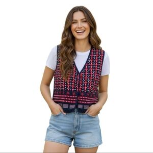 Vintage Keren Hart Patriotic 100% Cotton Woven Stars American V Neck Star Button